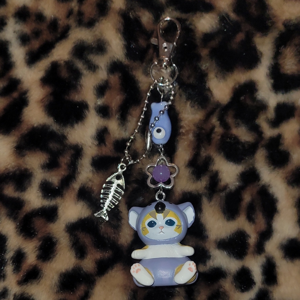 Cute Cat Keychain with Fish Charm